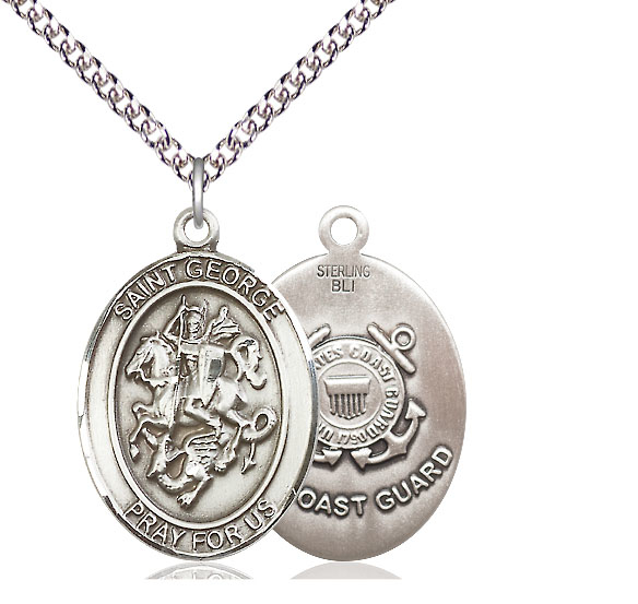 Sterling Silver Saint George Coast Guard Pendant on a 24 inch Sterling Silver Heavy Curb chain