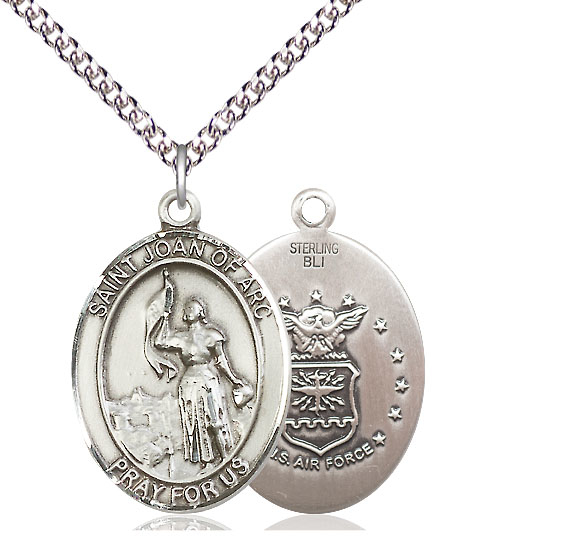 Sterling Silver Saint Joan of Arc Air Force Pendant on a 24 inch Sterling  Silver Heavy Curb chain