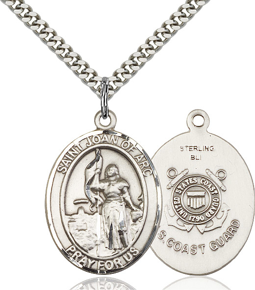 Sterling Silver Saint Joan of Arc Coast Guard Pendant on a 24 inch