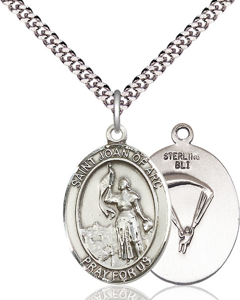 Sterling Silver Saint Joan of Arc Paratrooper Pendant on a 24 inch Light  Rhodium Heavy Curb chain