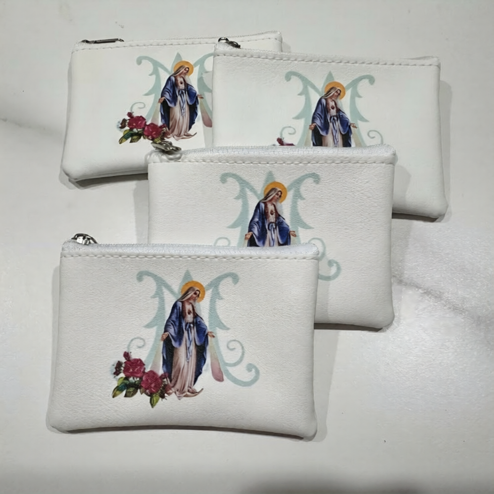 Our Lady of Grace Zipper Rosary Pouch - White