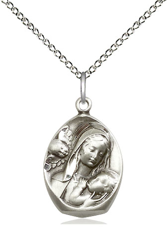 Sterling Silver Madonna &amp; Child Pendant on a 18 inch Sterling Silver Light Curb chain