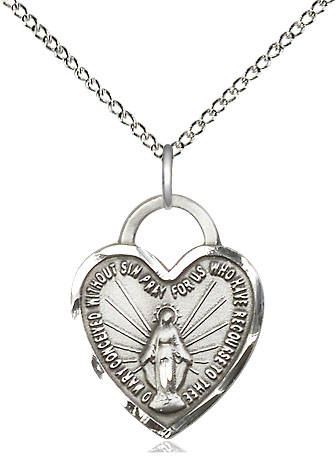 Sterling Silver Miraculous Heart Pendant on a 18 inch Sterling Silver Light Curb chain