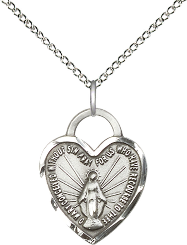 Sterling Silver Miraculous Heart Pendant on a 18 inch Sterling Silver Light Curb chain