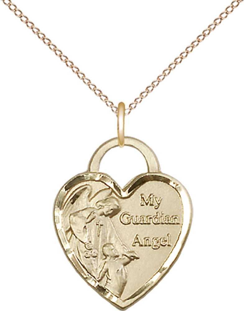 14kt Gold Filled Guardian Angel Heart Pendant on a 18 inch Gold Filled Light Curb chain