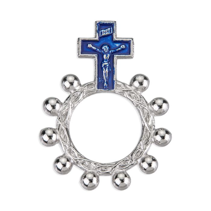 Blue Epoxied Crucifix Rosary Ring