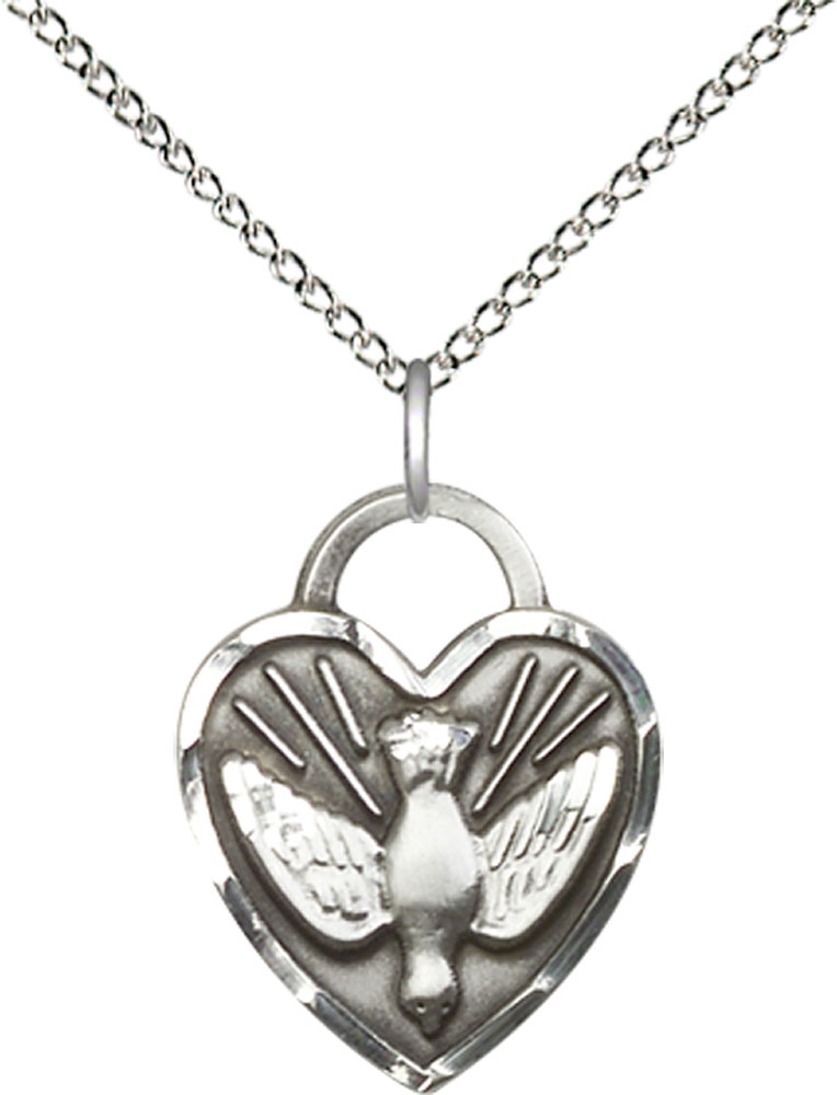 Sterling Silver Confirmation Heart Pendant on a 18 inch Sterling Silver Light Curb chain