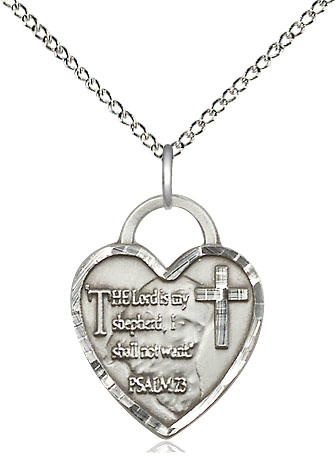 Sterling Silver Lord Is My Shepherd Heart Pendant on a 18 inch Sterling Silver Light Curb chain