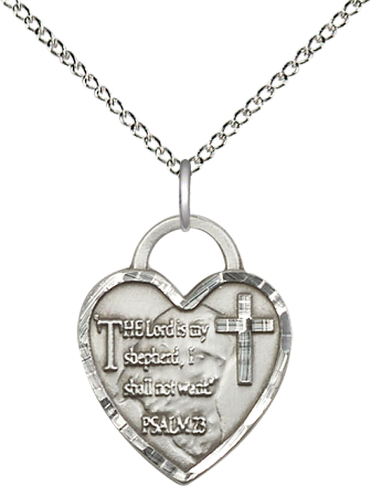 Sterling Silver Lord Is My Shepherd Heart Pendant on a 18 inch Sterling Silver Light Curb chain
