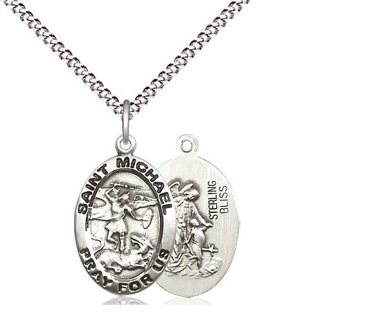 Sterling Silver Saint Michael the Archangel Pendant on a 18 inch Light Rhodium Light Curb chain