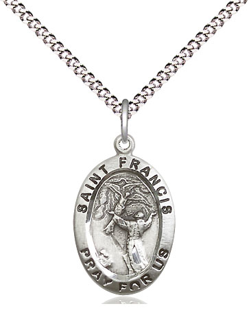 Sterling Silver Saint Francis of Assisi Pendant on a 18 inch Light Rhodium Light Curb chain