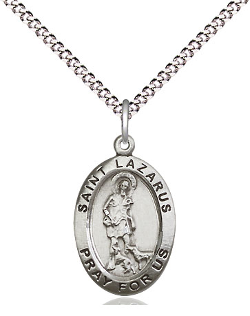 Sterling Silver Saint Lazarus Pendant on a 18 inch Light Rhodium Light Curb chain