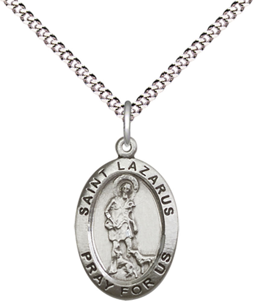 Sterling Silver Saint Lazarus Pendant on a 18 inch Light Rhodium Light Curb chain