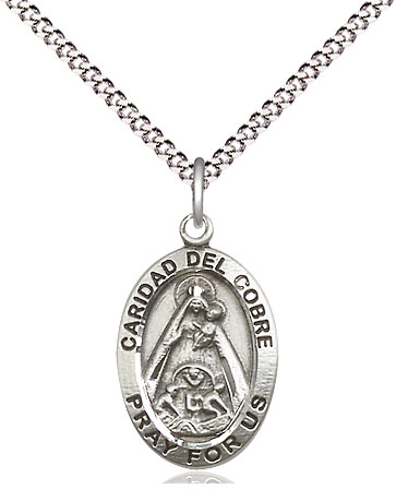 Sterling Silver Caridad del Cobre Pendant on a 18 inch Light Rhodium Light Curb chain