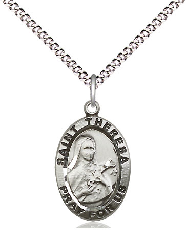 Sterling Silver Saint Theresa Pendant on a 18 inch Light Rhodium Light Curb chain