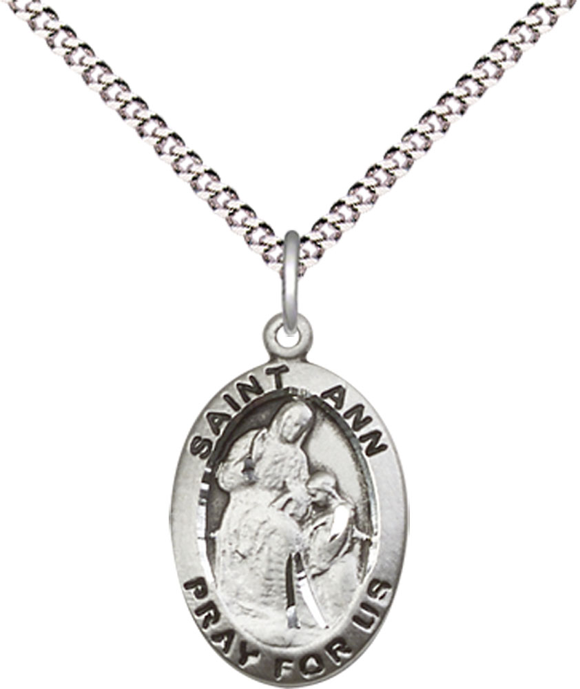 Sterling Silver Saint Ann Pendant on a 18 inch Light Rhodium Light Curb chain