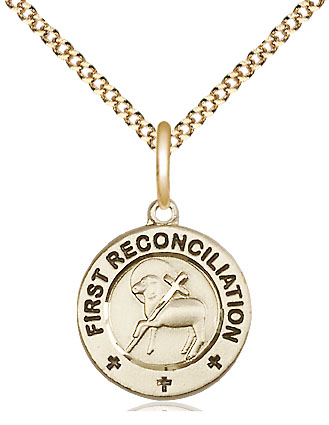 14kt Gold Filled First Reconciliation / Penance Pendant on a 18 inch Gold Plate Light Curb chain
