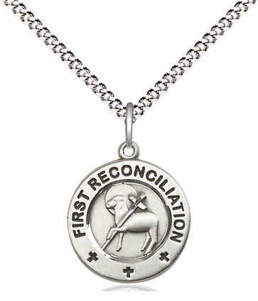Sterling Silver First Reconciliation / Penance Pendant on a 18 inch Light Rhodium Light Curb chain
