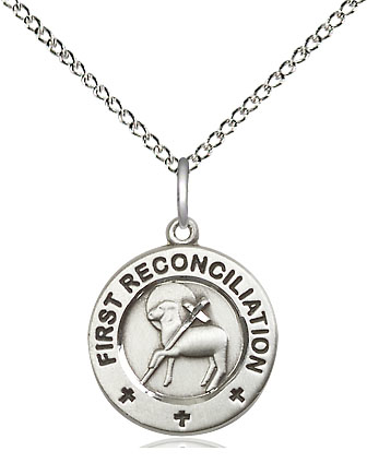 Sterling Silver First Reconciliation / Penance Pendant on a 18 inch Sterling Silver Light Curb chain