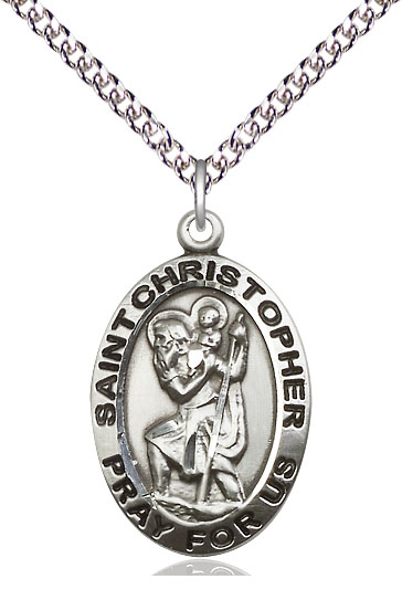 Sterling Silver Saint Christopher Pendant on a 24 inch Sterling Silver Heavy Curb chain