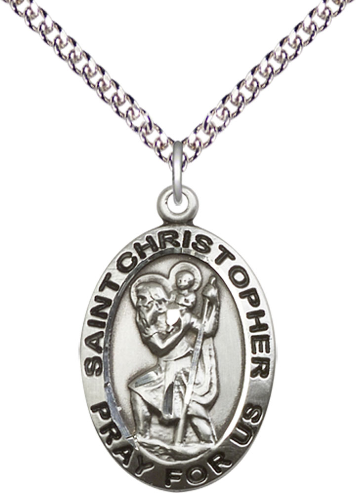 Sterling Silver Saint Christopher Pendant on a 24 inch Sterling Silver Heavy Curb chain