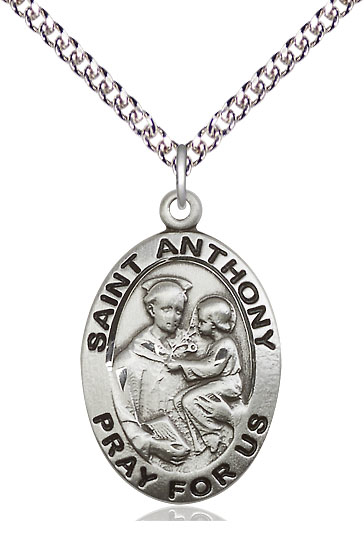 Sterling Silver Saint Anthony of Padua Pendant on a 24 inch Sterling Silver Heavy Curb chain