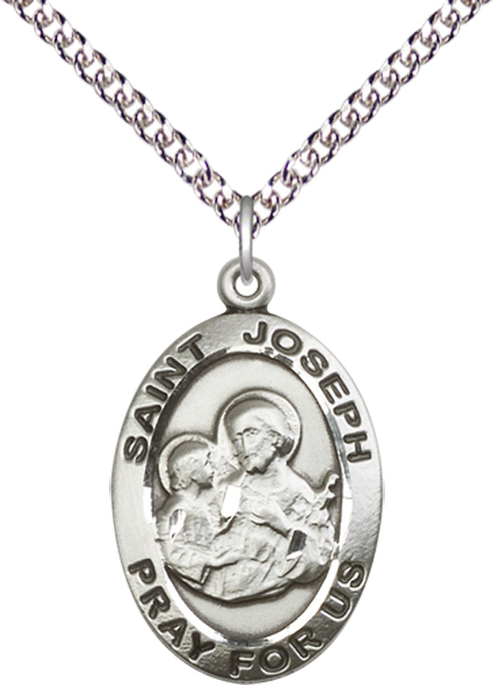 Sterling Silver Saint Joseph Pendant on a 24 inch Sterling Silver Heavy Curb chain