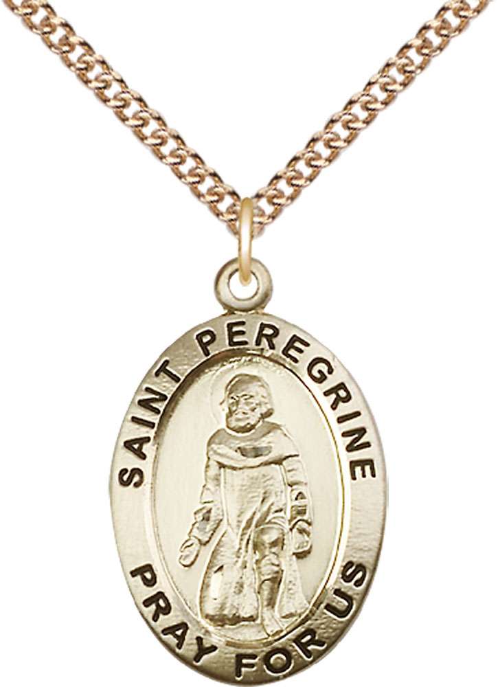 14kt Gold Filled Saint Peregrine Pendant on a 24 inch Gold Filled Heavy Curb chain