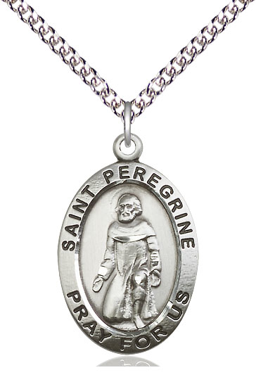 Sterling Silver Saint Peregrine Pendant on a 24 inch Sterling Silver Heavy Curb chain