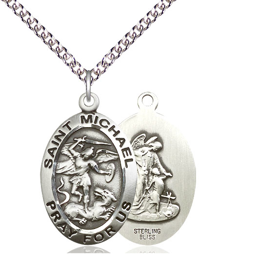 Sterling Silver Saint Michael the Archangel Pendant on a 24 inch Sterling Silver Heavy Curb chain