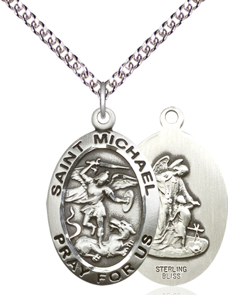 Sterling Silver Saint Michael the Archangel Pendant on a 24 inch Sterling Silver Heavy Curb chain