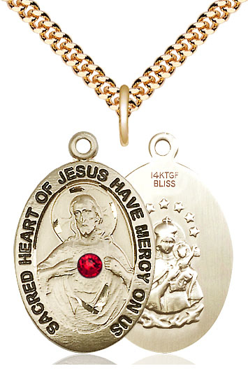 14kt Gold Filled Scapular w/ Ruby Stone Pendant with a 3mm Ruby Swarovski stone on a 24 inch Gold Plate Heavy Curb chain
