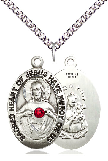 Sterling Silver Scapular w/ Ruby Stone Pendant with a 3mm Ruby Swarovski stone on a 24 inch Sterling Silver Heavy Curb chain