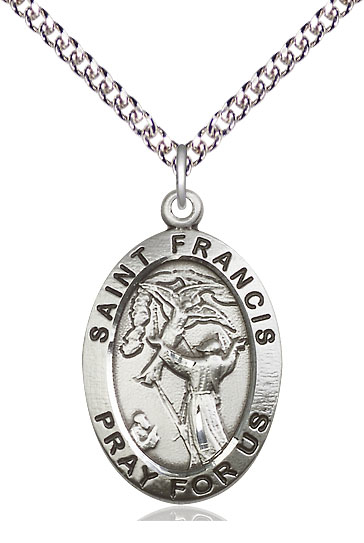 Sterling Silver Saint Francis of Assisi Pendant on a 24 inch Sterling Silver Heavy Curb chain