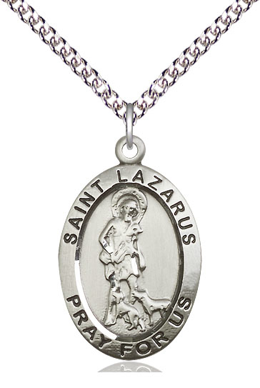 Sterling Silver Saint Lazarus Pendant on a 24 inch Sterling Silver Heavy Curb chain