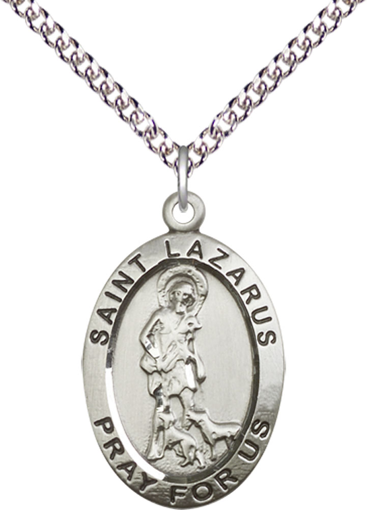 Sterling Silver Saint Lazarus Pendant on a 24 inch Sterling Silver Heavy Curb chain