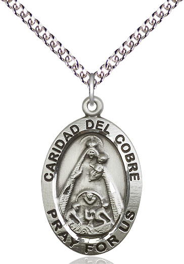 Sterling Silver Caridad del Cobre Pendant on a 24 inch Sterling Silver Heavy Curb chain