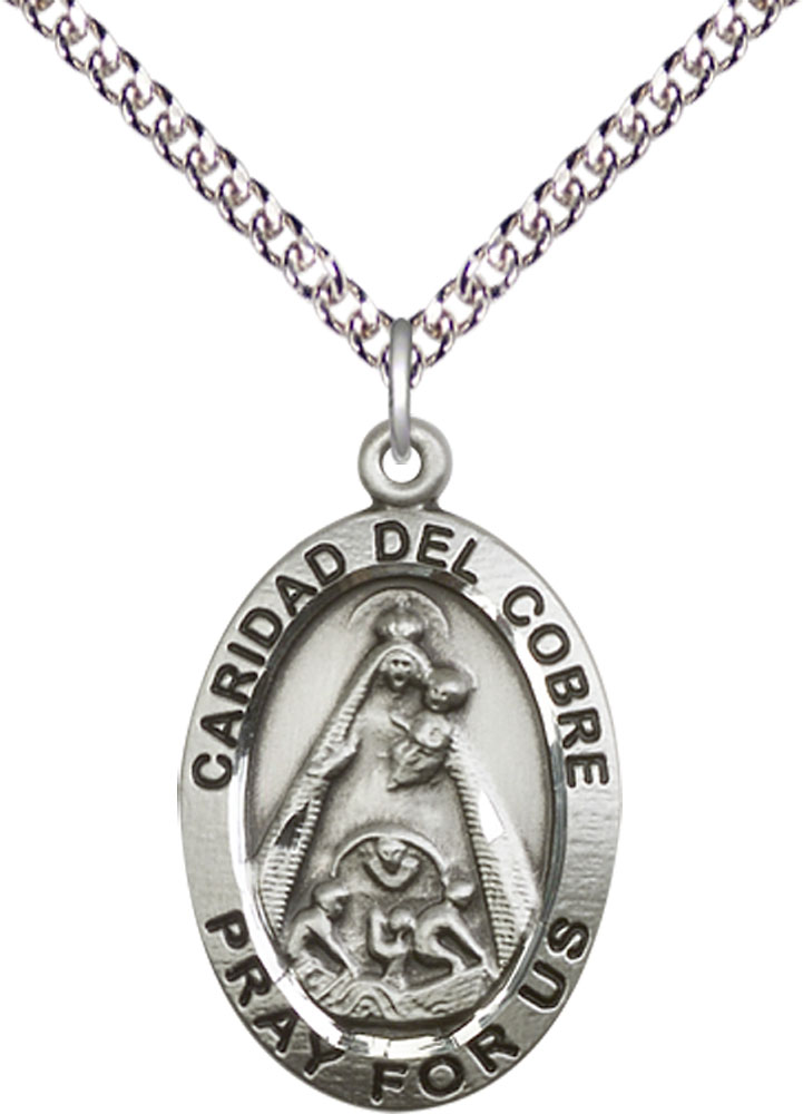 Sterling Silver Caridad del Cobre Pendant on a 24 inch Sterling Silver Heavy Curb chain