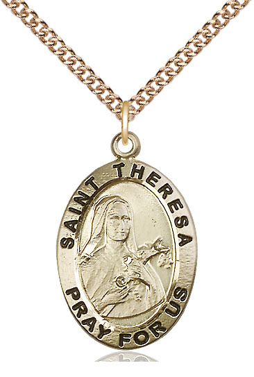 14kt Gold Filled Saint Theresa Pendant on a 24 inch Gold Filled Heavy Curb chain