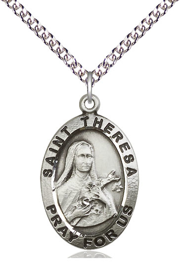 Sterling Silver Saint Theresa Pendant on a 24 inch Sterling Silver Heavy Curb chain