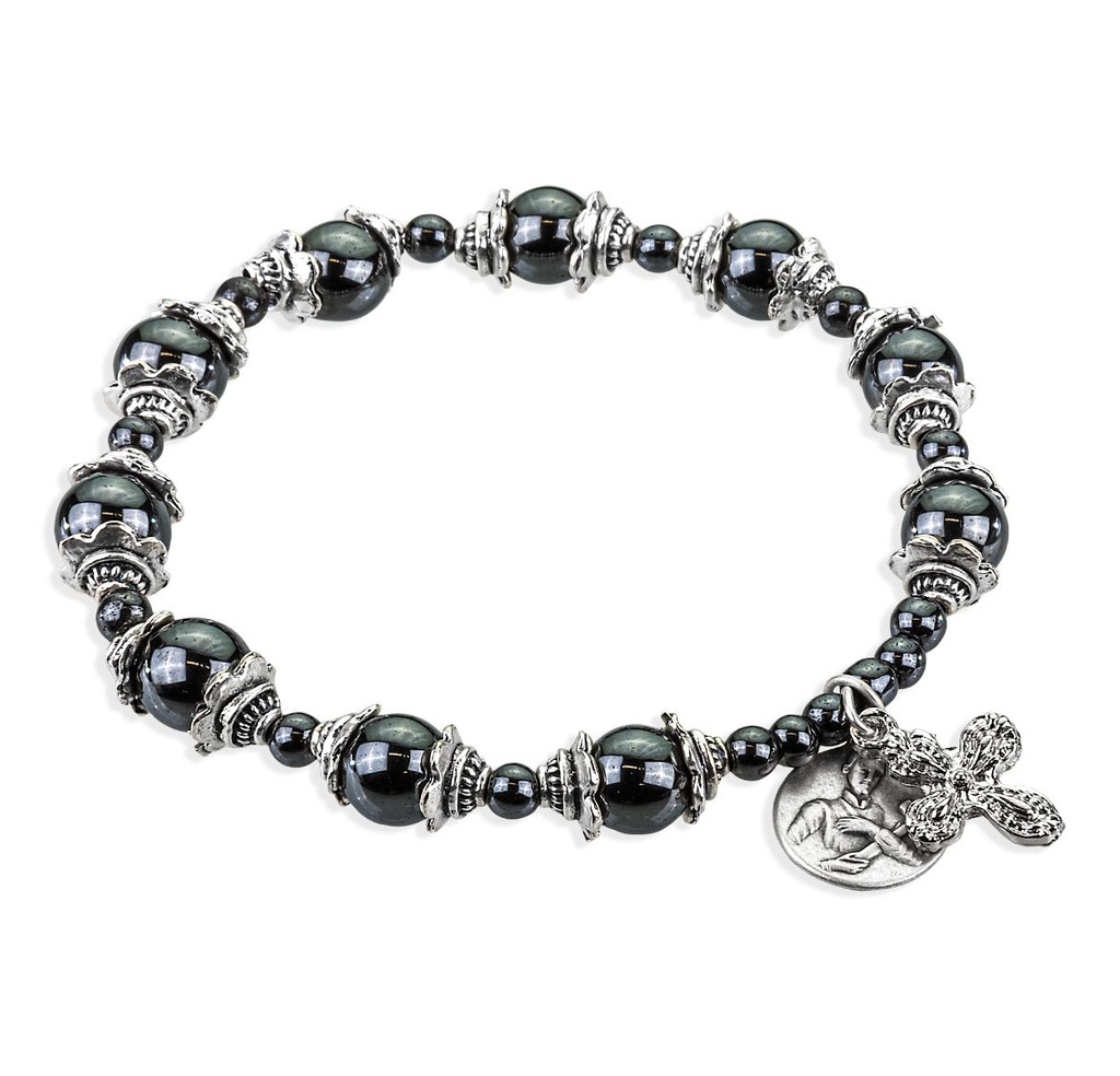 Saint Gerard Hematite Blessed Beads Rosary Bracelet with Elastic Cord