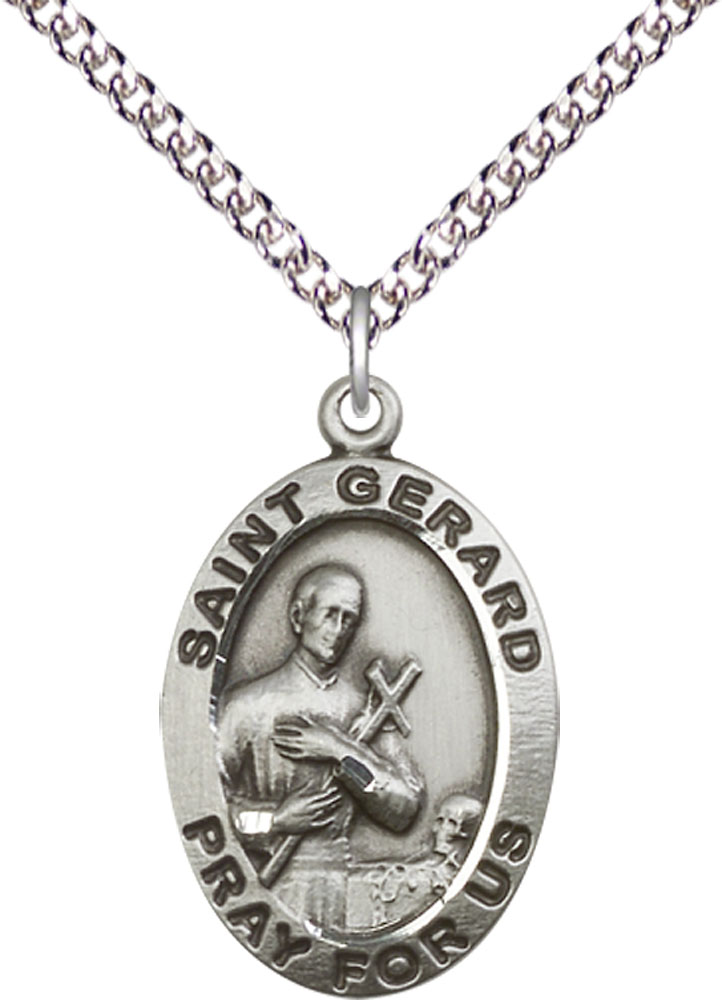 Sterling Silver Saint Gerard Pendant on a 24 inch Sterling Silver Heavy Curb chain