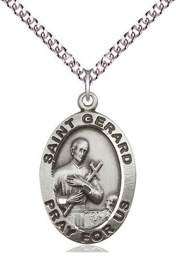 Sterling Silver Saint Gerard Pendant on a 24 inch Sterling Silver Heavy Curb chain