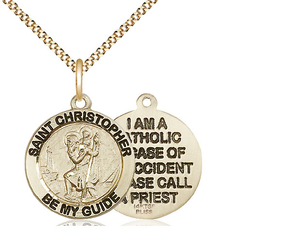 14kt Gold Filled Saint Christopher Pendant on a 18 inch Gold Plate Light Curb chain