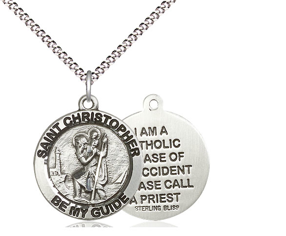 Sterling Silver Saint Christopher Pendant on a 18 inch Light Rhodium Light Curb chain