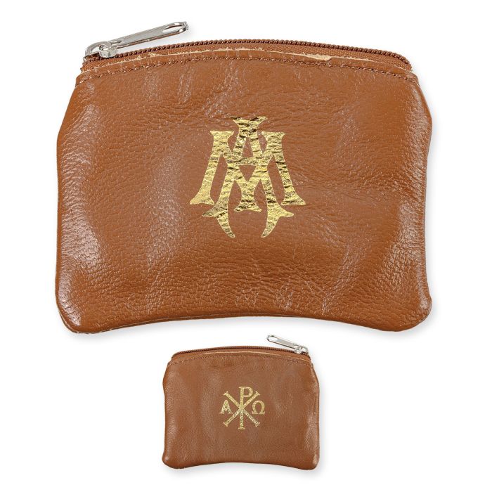 Brown Sheepskin Leather Rosary Pouch Velveteen Lining