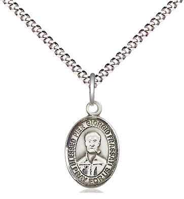 Sterling Silver Blessed Pier Giorgio Frassati Pendant on a 18 inch Light Rhodium Light Curb chain