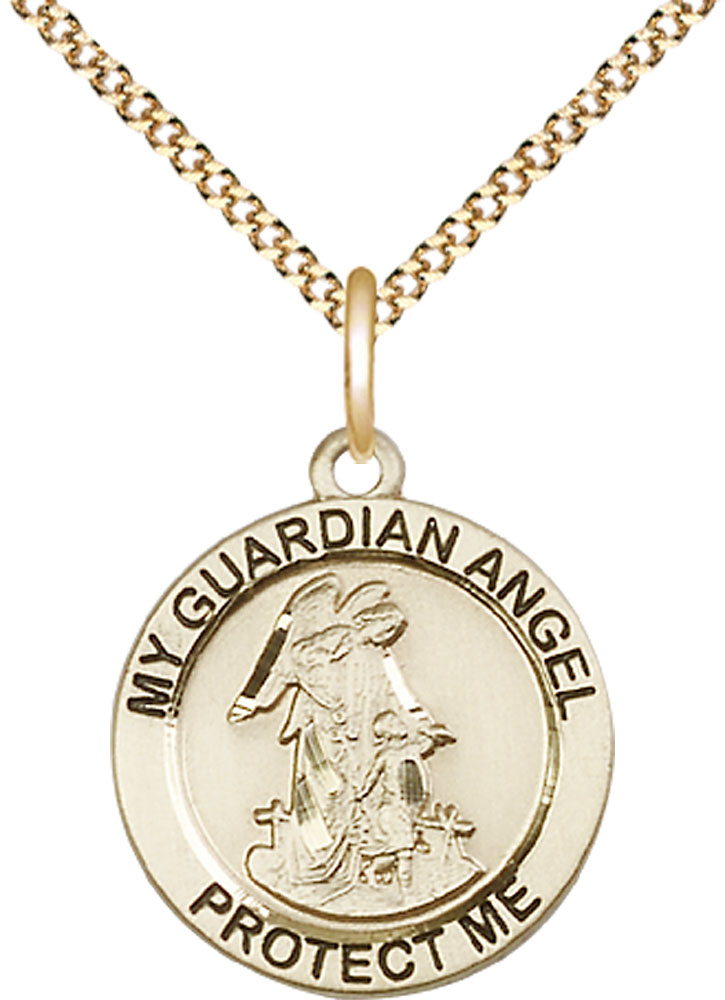 14kt Gold Filled Guardian Angel Pendant on a 18 inch Gold Plate Light Curb chain
