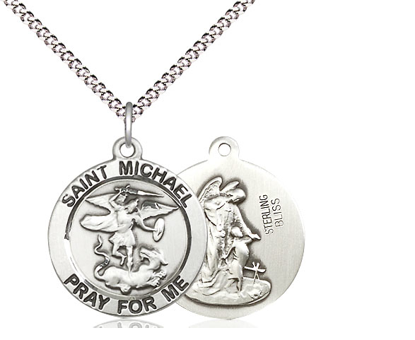 Sterling Silver Saint Michael the Archangel Pendant on a 18 inch Light Rhodium Light Curb chain