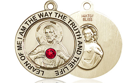 14kt Gold Filled Scapular w/ Ruby Stone Medal with a 3mm Ruby Swarovski stone